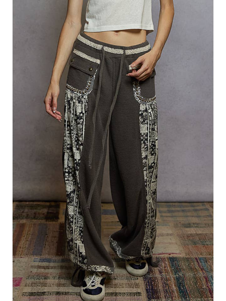 Pol Clothing - Wholesale Pants - Women's - Elastic band floral print patch stud detail jogger pants