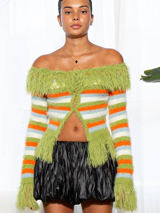 Feather Stripe Off-Shoulder Knit Top and other Purchase Wholesale feather top. Free Returns & Net 60 Terms on Faire trending on Faire.