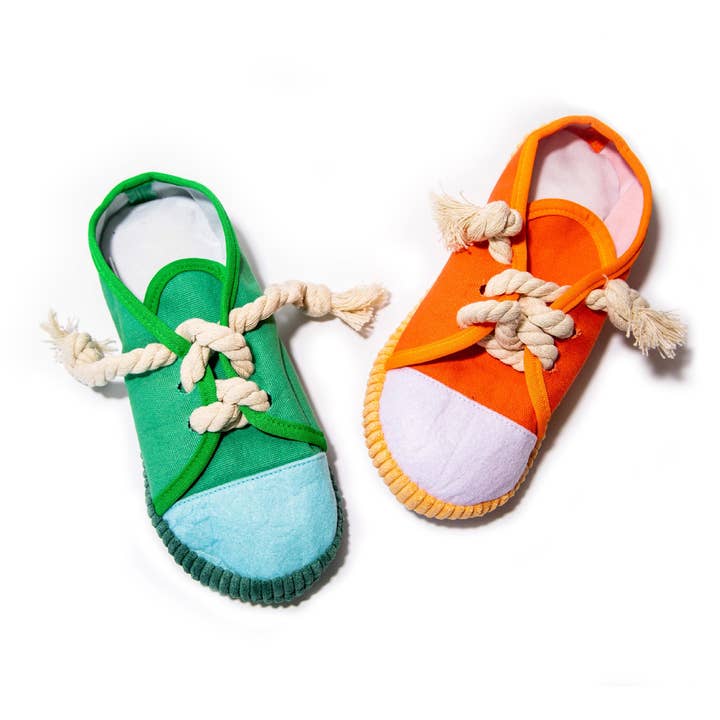 Squeaky Shoe & Laces Dog Toy 2-Pack for wholesale by Glow Pups