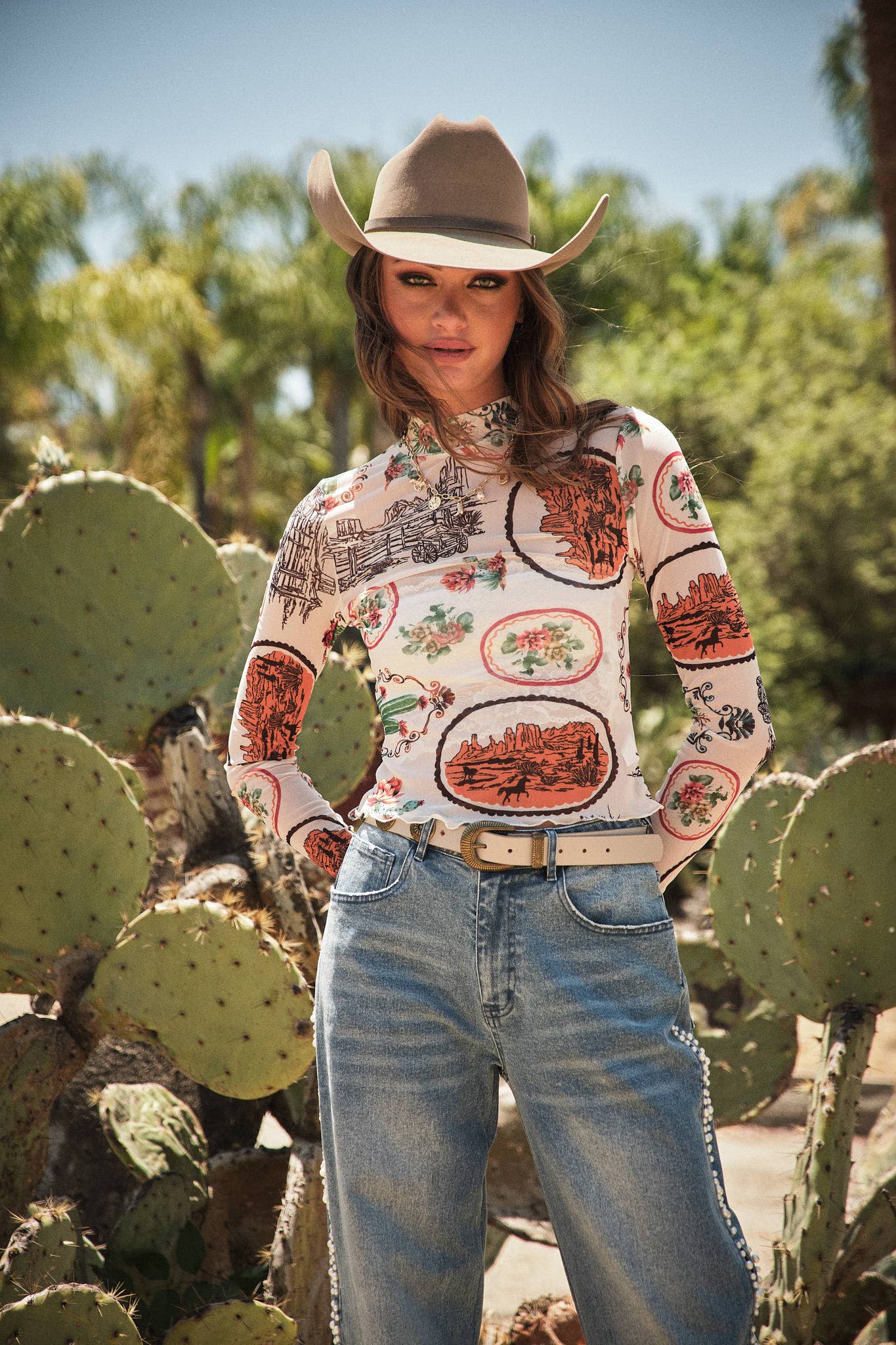 MULTI 33147T Western Motif Mesh Mock Neck Top for wholesale on Faire1