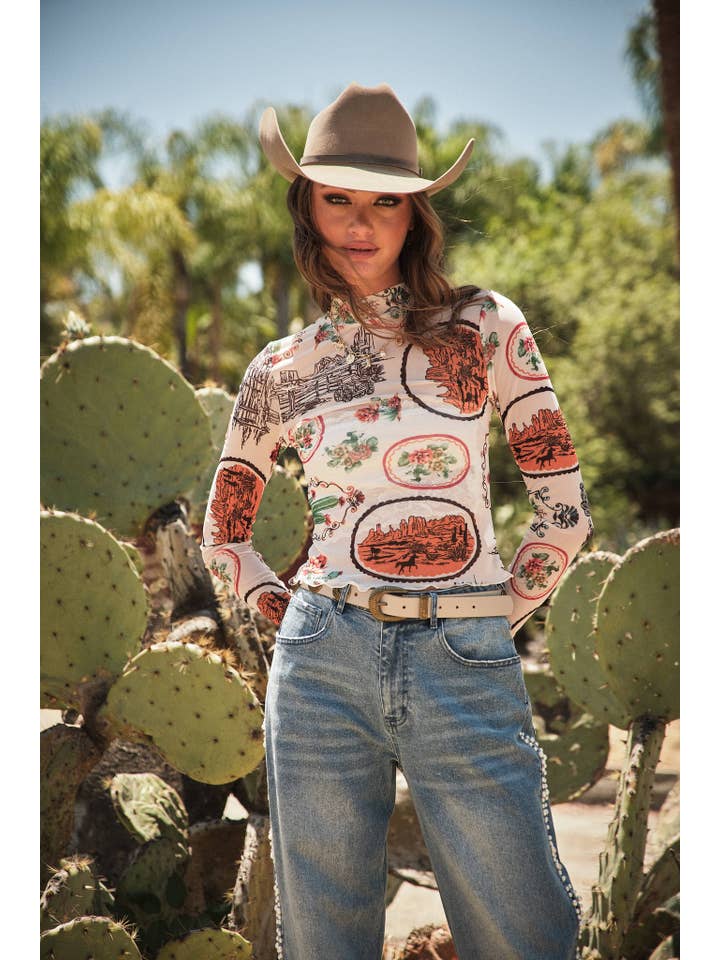 MULTI 33147T Western Motif Mesh Mock Neck Top for wholesale on Faire1