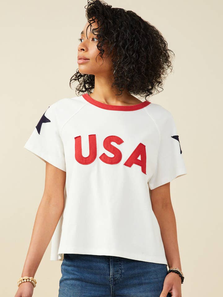 Dames USA En Ster Patch Ringer Gebreid T-shirt voor wholesale door Hayden LA