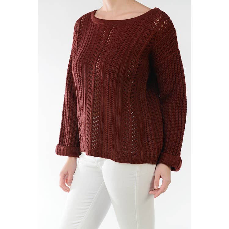 Mak - Wholesale Knit Sweater - Women's - Leaf Crochet Detailed Rolled Up Sleeve Sweater HB20526