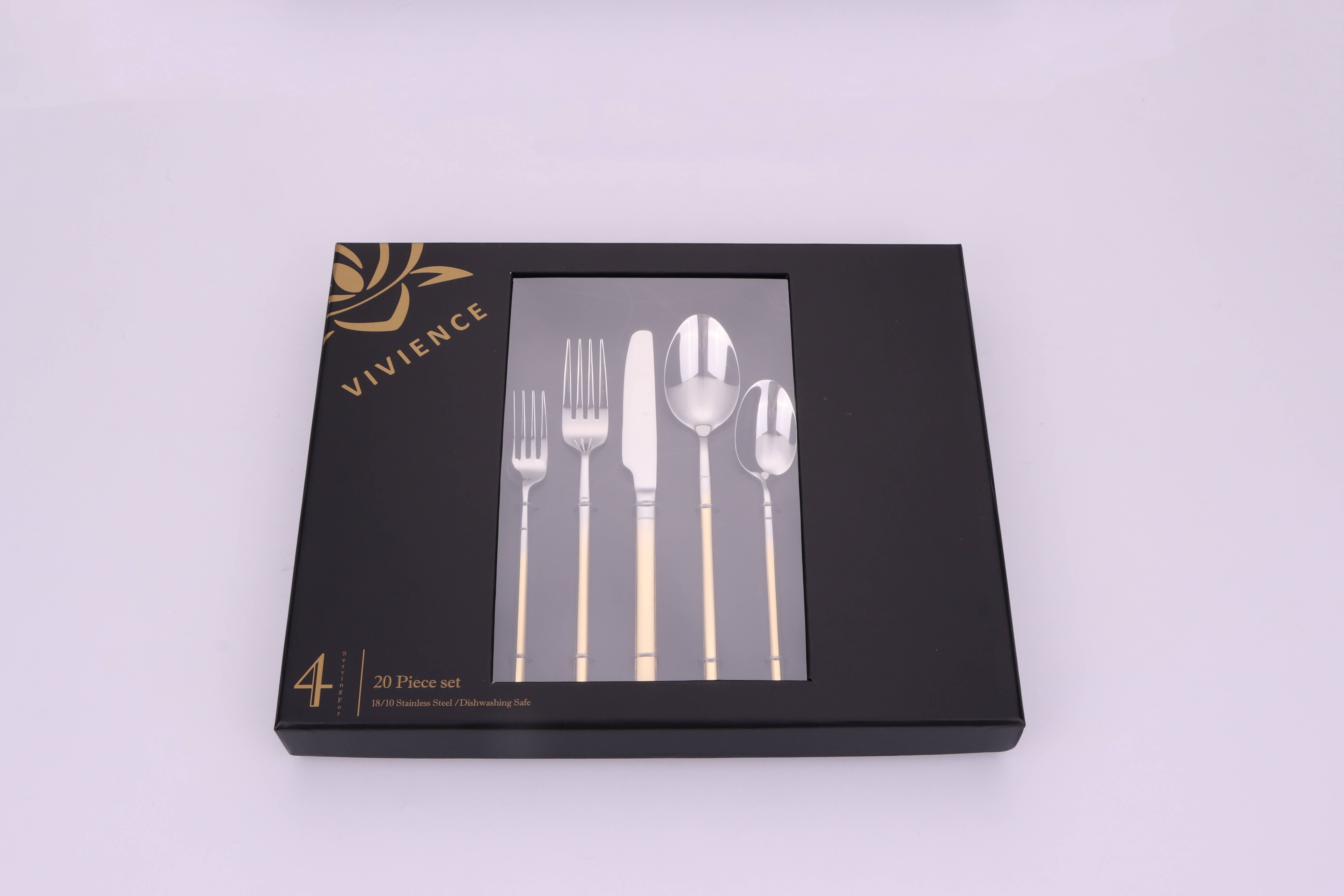 VIVIENCE - Wholesale Flatware Set - Simplicite 20 Pc Flatware with Gold Handles, Service for 412