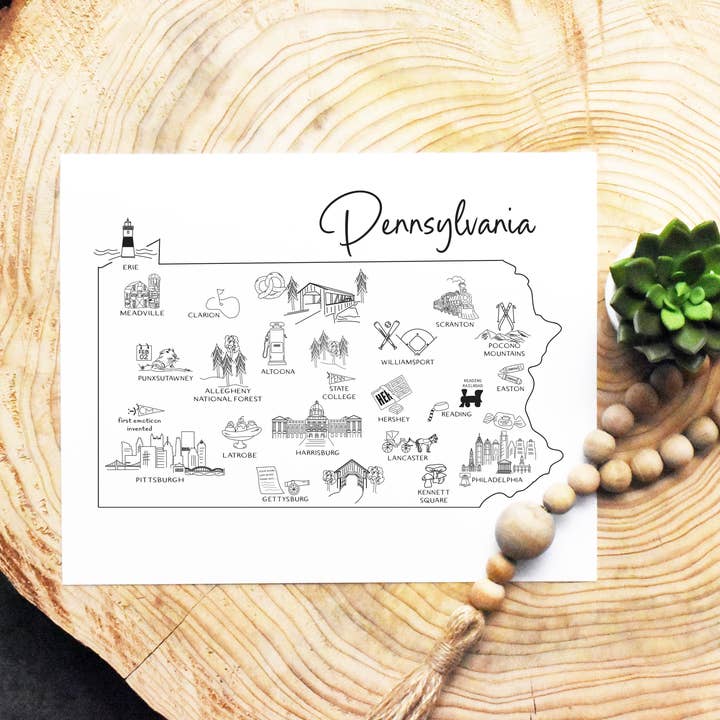Croquis de la Pennsylvanie - carte et points d'intérêt pour la vente par Simply Sketch Studio