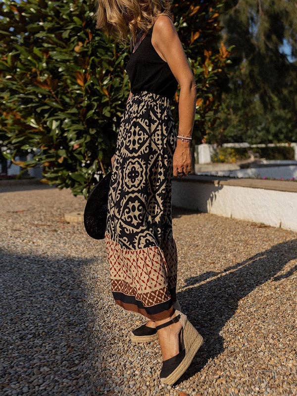 Sheer Trend - Wholesale Skirt - Women's - Loose Contrast Color Pleated Printed Skirts Bottoms9