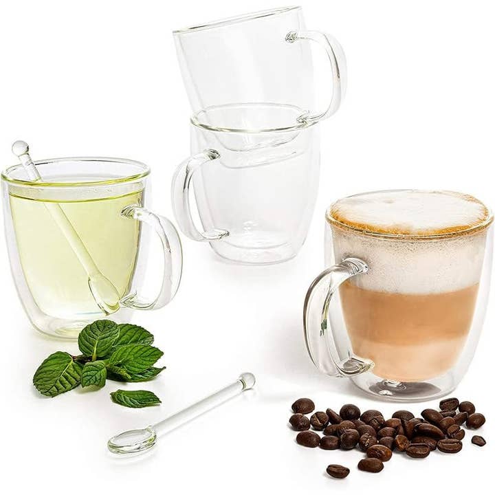 Set of 4 Double Wall Glass Cup Clear Mug, Double Walled Coffee Mugs 7.4 Oz, Glass Tea Mugs, Insulated Coffee Mug With Handle & 2 Glass Spoons, Cappuccino Cups Set for wholesale by Moss & Stone