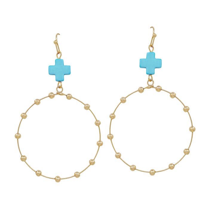 Turquoise Cross Shape with Gold Beaded Open Circle Drop 2" Earring for wholesale by What's Hot