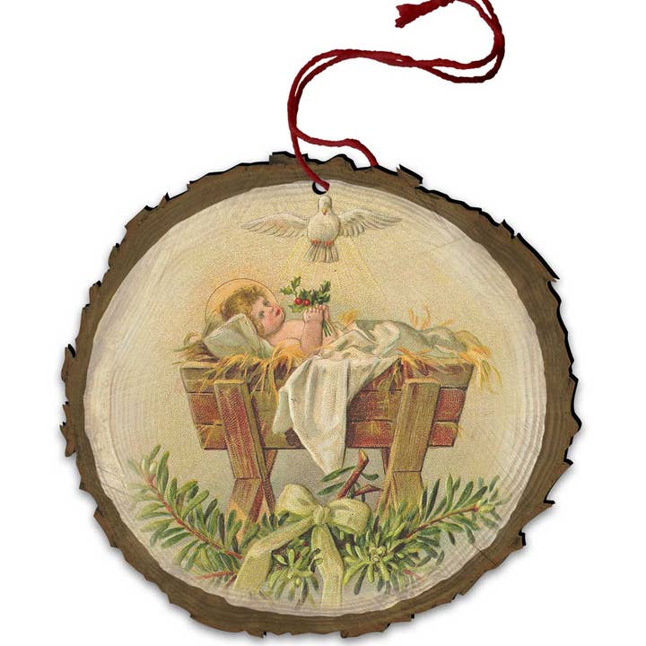 Holzverzierung „Baby Jesus in Krippe“, Vintage-Stil für den Großhandel von Nelson Gifts Wholesale