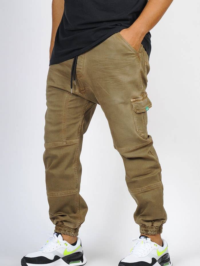 Sarouelbroek van SAYF in khaki denim met elastische tailleband en boorden voor wholesale door SAYF