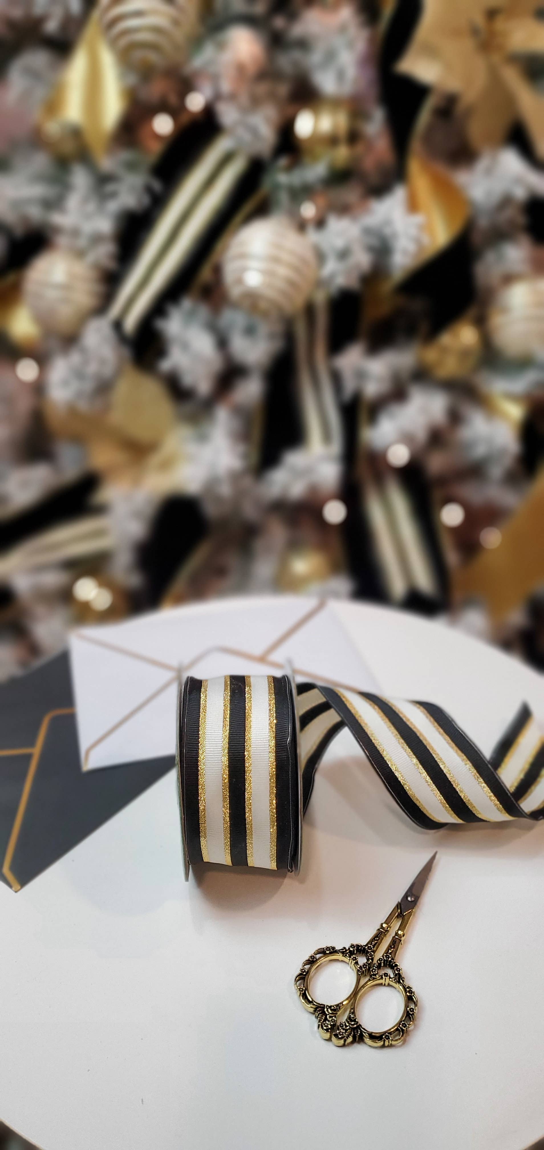 May Arts Ribbon - Wholesale Ribbon - Gift Wrapping - ~2" Green Woven Metallic Gold Stripe Wired Ribbon2