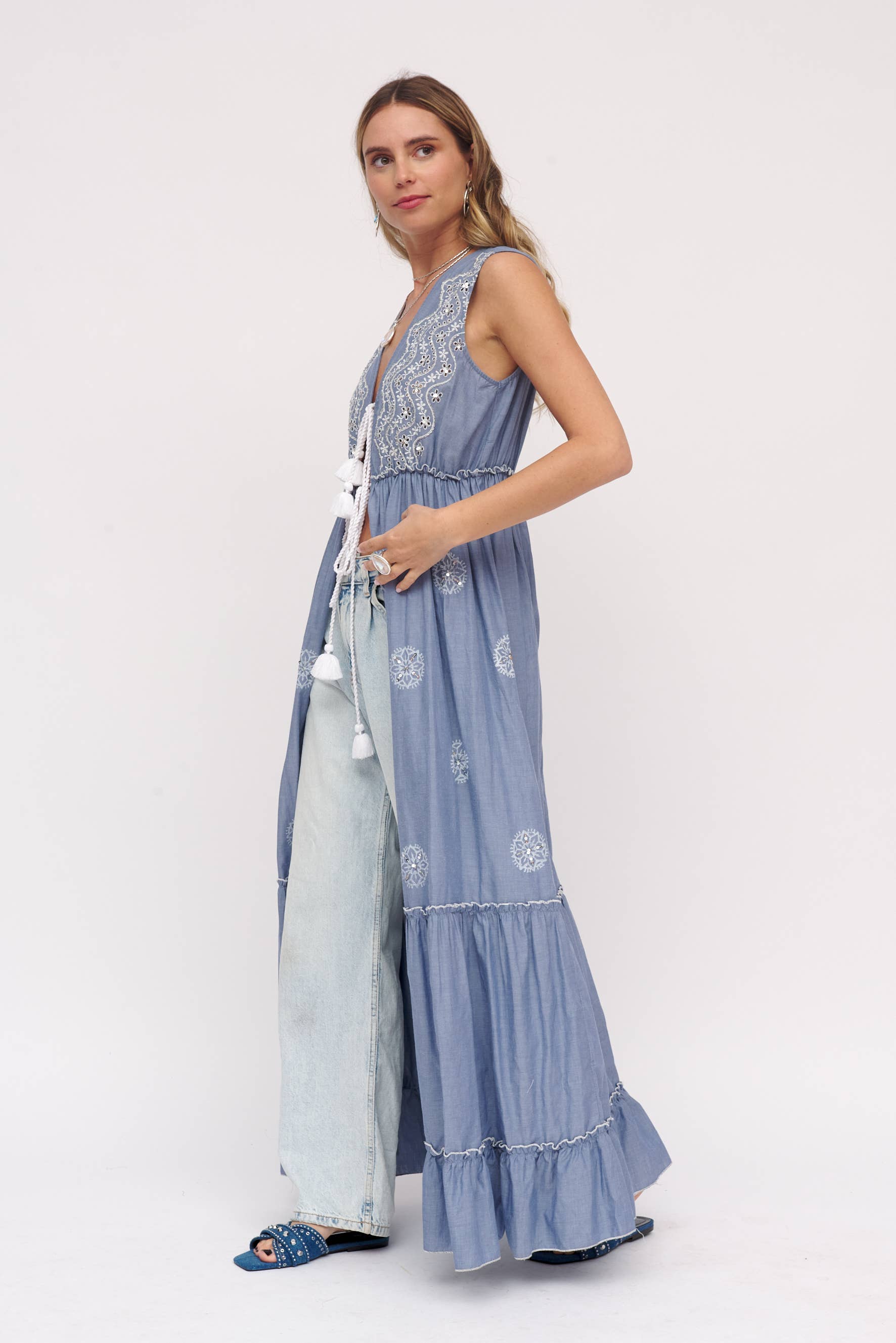 COWBOY BLUE FLORAL PRINT KIMONO 100% COTTON, HAND EMBROIDERED for wholesale on Faire1