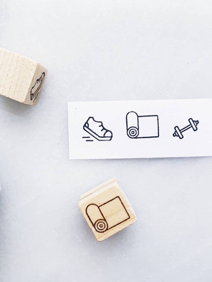 Exercise Rubber Stamp Set • Yoga Mat Stamp • Cardio Stamp • for wholesale by Papergram