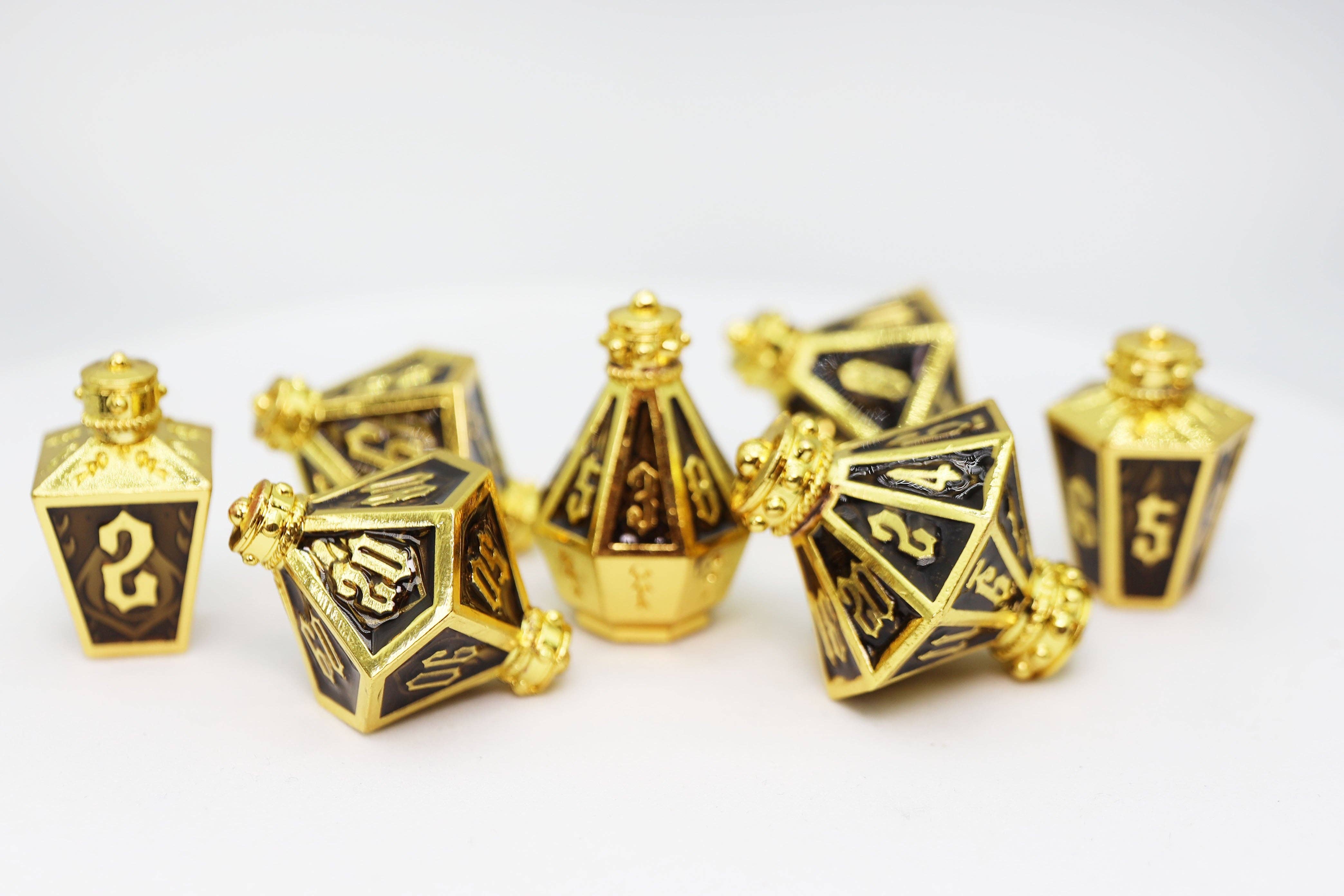 Foam Brain Games - Wholesale Dice - Moonlit Lantern: Golden Earthen Flame - Metal RPG Dice Set6
