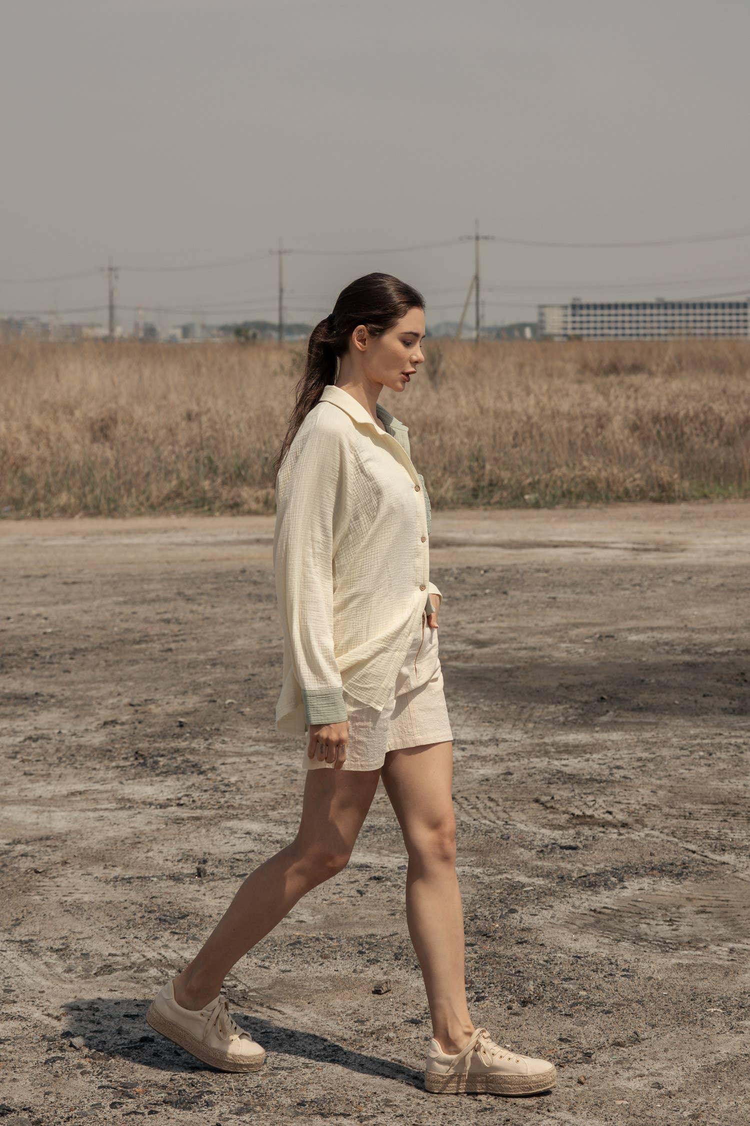 Mint Ivory Color Block Button Down Shirt with Lace Pocket for wholesale on Faire4