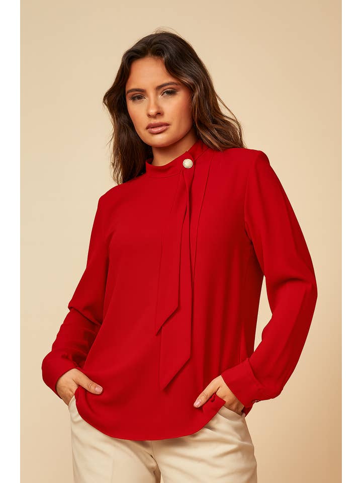 Hoxton Gal – wholesale Blouse – Women’s – Oversized High Neck Top with Brooch Details