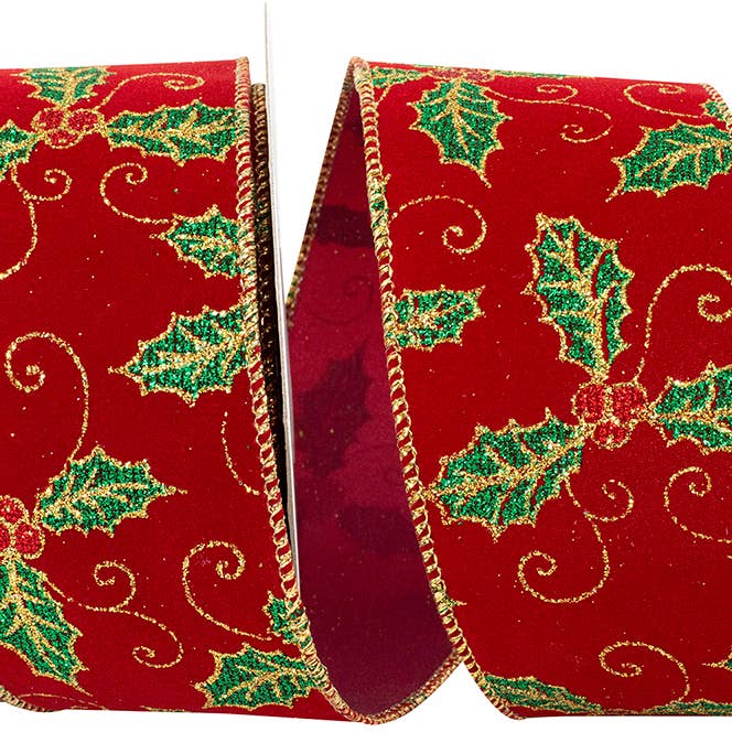 Holly Glitter Velvet Wired Edge, Burgundy, 2-1/2 In for wholesale by RELIANT RIBBON