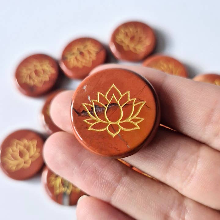 Gemstone Red Jasper disc 2.5cm with Lotus symbol – Pocket stone worry stone for wholesale by Moonlight Gemstones