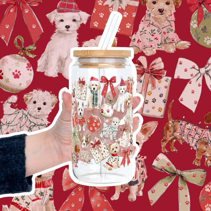Sip-Sip Hooray! - Wholesale Drinking Glass/Cup - Holiday Pups Cup With Lid and Straw3