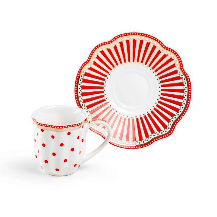 Grace Teaware - Wholesale Coffee/Tea Cup - Red Josephine Stripes and Dots 2oz Espresso Cups and Saucers6