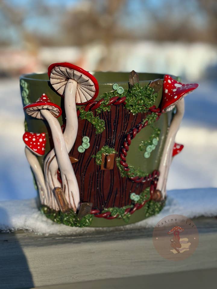 Plant Pot | Fairy House with Red Mushrooms + Quartz for wholesale by Making Olás