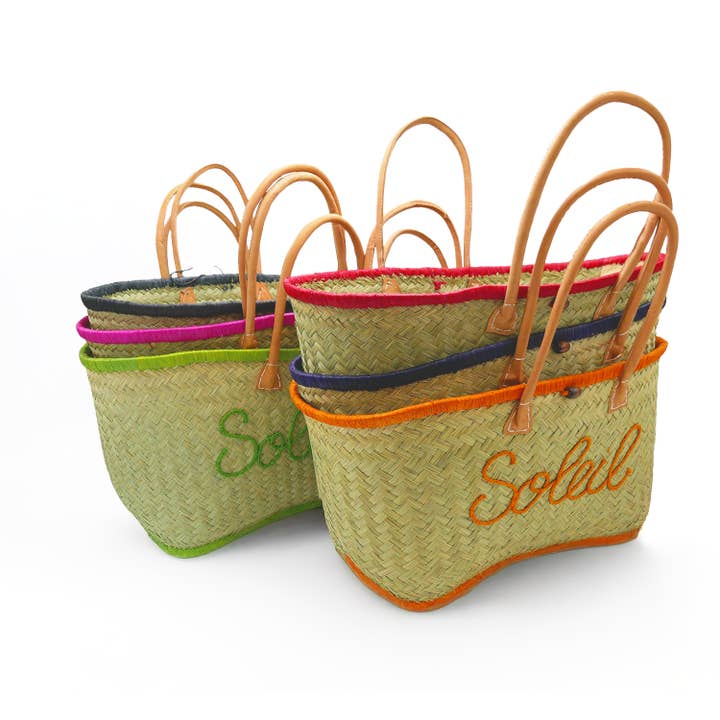 Handcrafted embroidered beach basket Natural fibers - Soleil GM for wholesale by Le comptoir de la plage