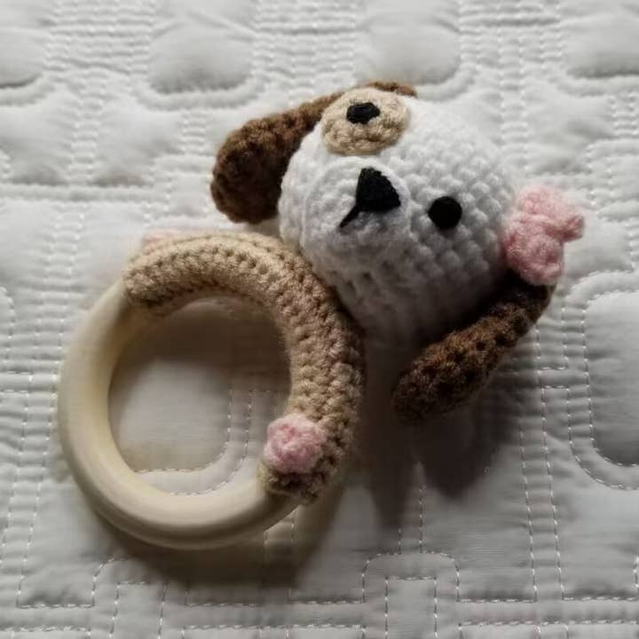 Pink Bow Dog Hand Crochet Rattle for wholesale by D & C TOYS