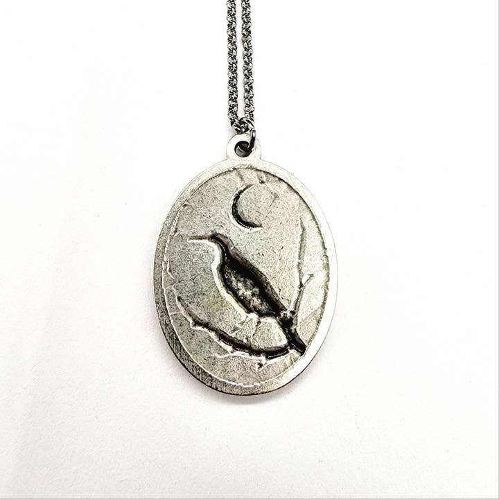 MergingMetals - Wholesale Pendant/Charm Necklace - Raven and Crescent Moon Antique Silver Pendant Necklace