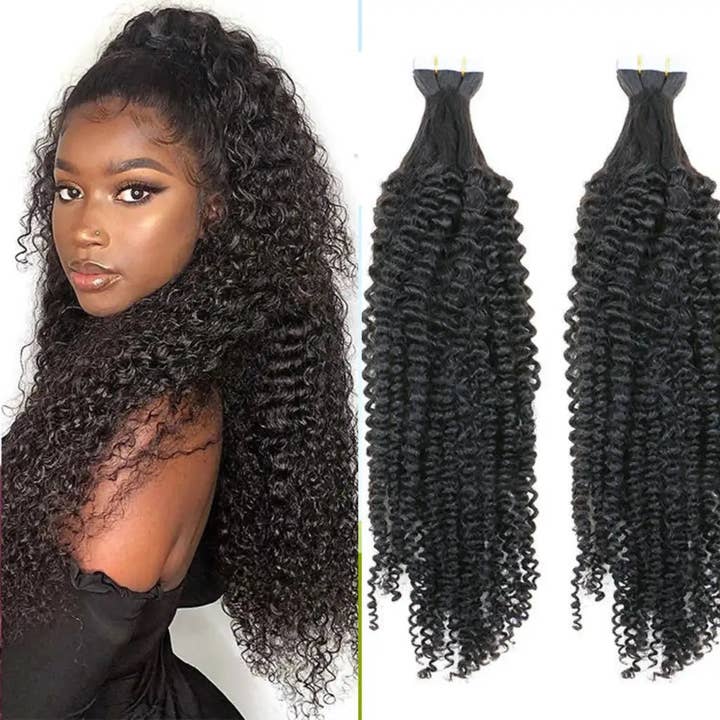 Natural Color B Kinky Curly | Tape In Human Hair Extensions | Brazilian Virg for wholesale on Faire