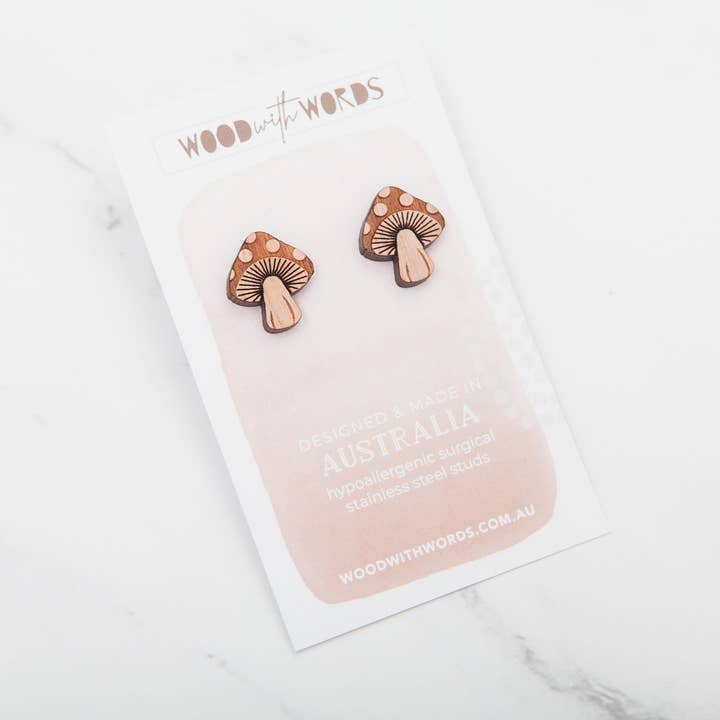 Mushroom Wooden Stud Earrings for wholesale by Wood With Words