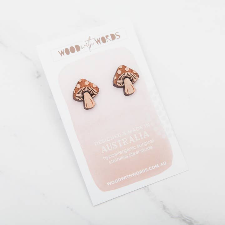 Mushroom Wooden Stud Earrings for wholesale by Wood With Words