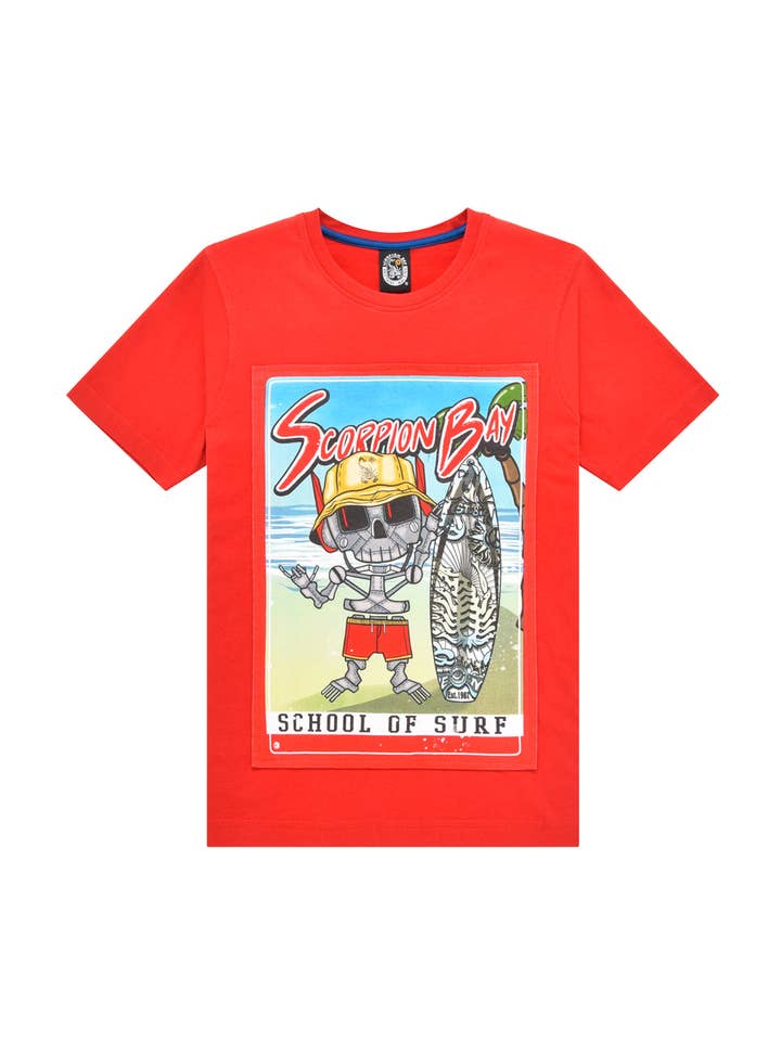 Enfant | T-shirt 100% Coton Rouge avec Imprimé "Beach Robo Skull" pour la vente par Scorpion Bay