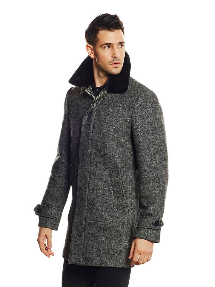 Casaco de lã espinha de peixe com gola removível de pelo por atacado de HARRINGTON®