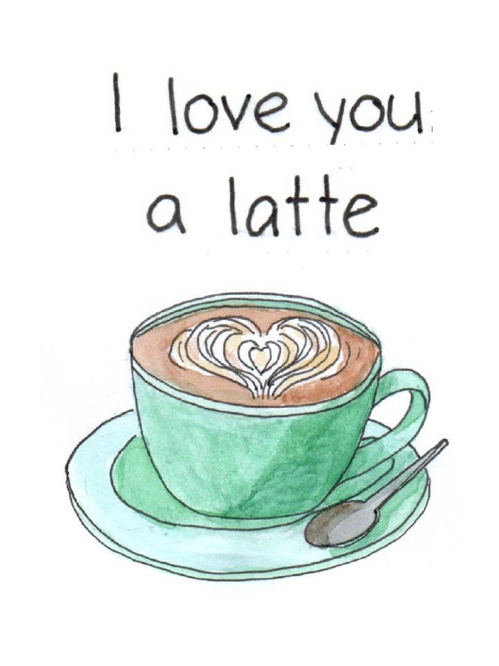 Carte de vœux Amour, Amitié, Café "Je t'aime un latté" pour la vente par Sue Gross Design Studio
