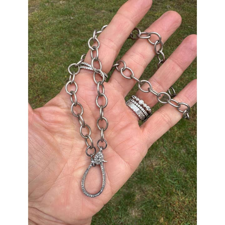 Silver Etched Round Link Necklace with Diamond Clasp for wholesale by ILISSA MICHELE JEWELRY