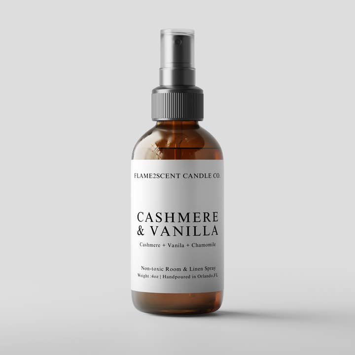 Cashmere & Vanilla - 4oz Amber Glass Bottle Room Spray for wholesale by Flame2scent Candle Co.