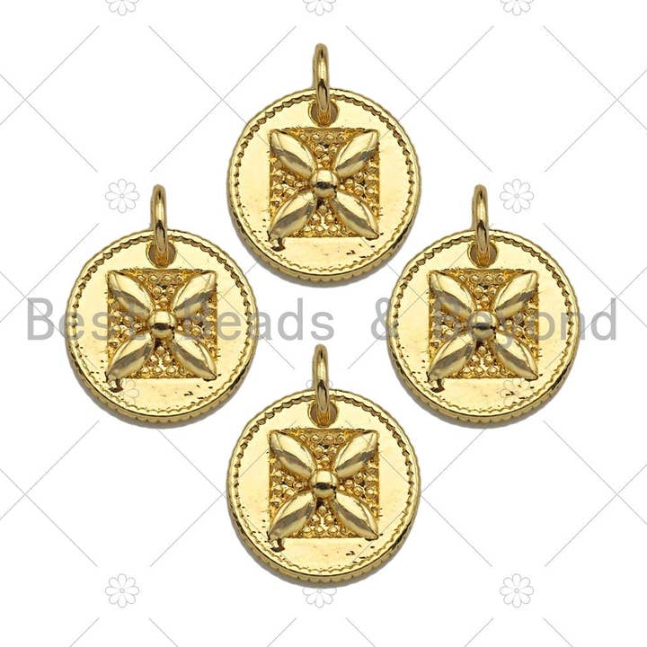 18k Shiny Gold Square Flower On Round Coin Charms, Gold Coin Charms, Flower Pendant, Gold Pendant, Round Necklace Charms, 12x12mm, Sku#Y337 for wholesale by BestBeads&Beyond