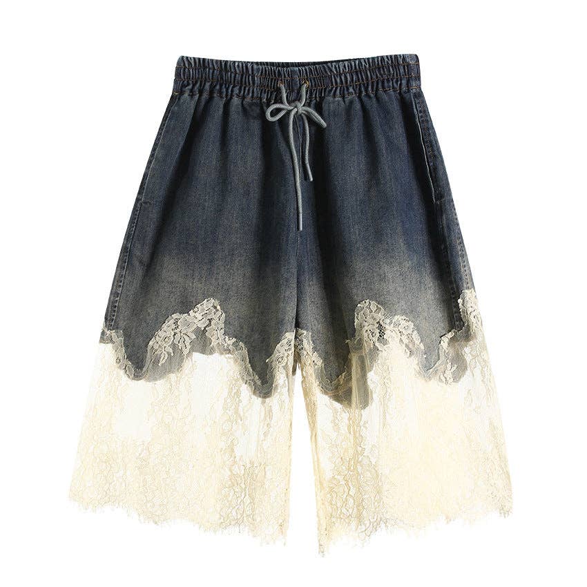 Sanyao Fashion - Wholesale Top & Short Set (NOT Loungewear) - Women's - M37 Lace-Stitched Denim Two-Piece with Suspender Shorts0