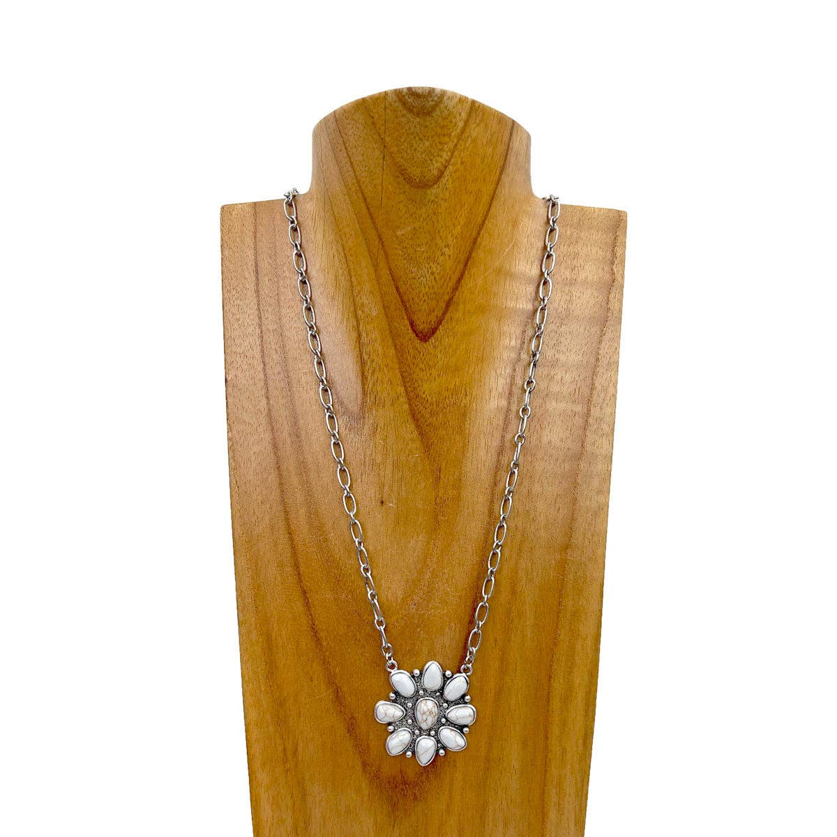 Western Elite Jewelry - Wholesale Pendant/Charm Necklace - NKY240125-02-GREEN                        21 inches silver metal chain with green turquoise stone flower concho pendent Necklace3