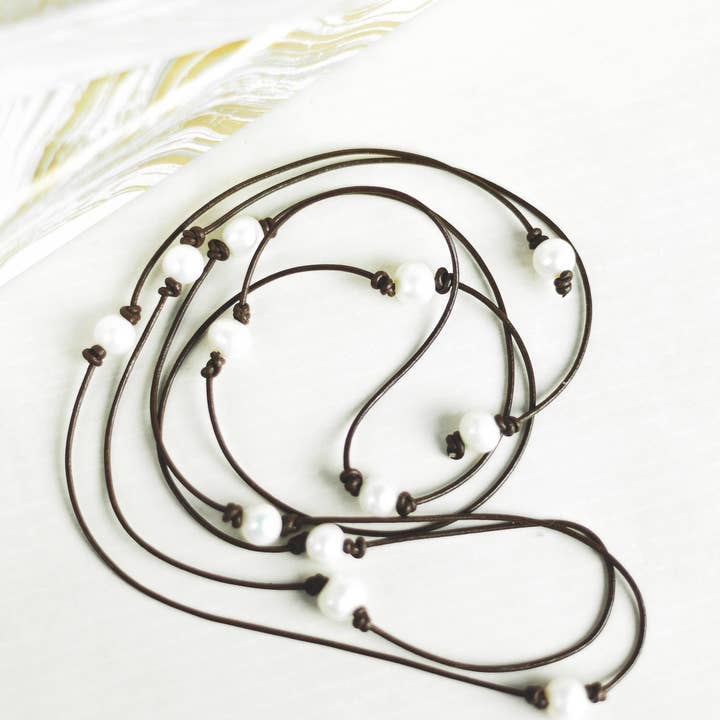 Leather Wrap Necklace: Long Bohemian Freshwater Pearl Choker for wholesale by The Rustic Boho Chic