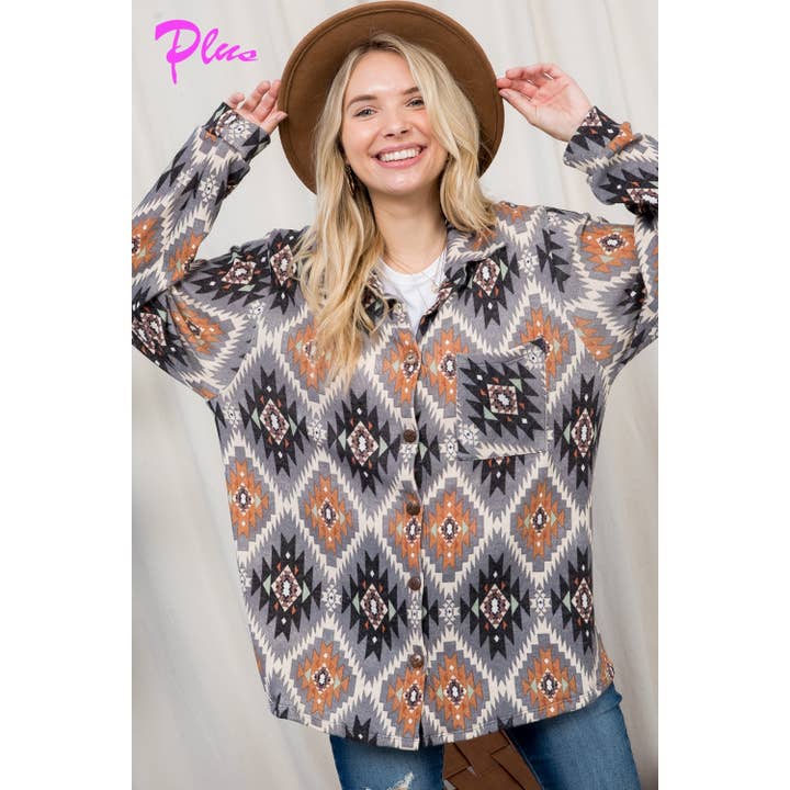 PLUS FUZZY AZTEC BUTTON DOWN SHACKET for wholesale by 1clique co.