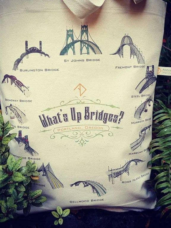 O que há em cima Bridges? Bolsa de ombro de lona por atacado de Alshiref Design and Print LLC