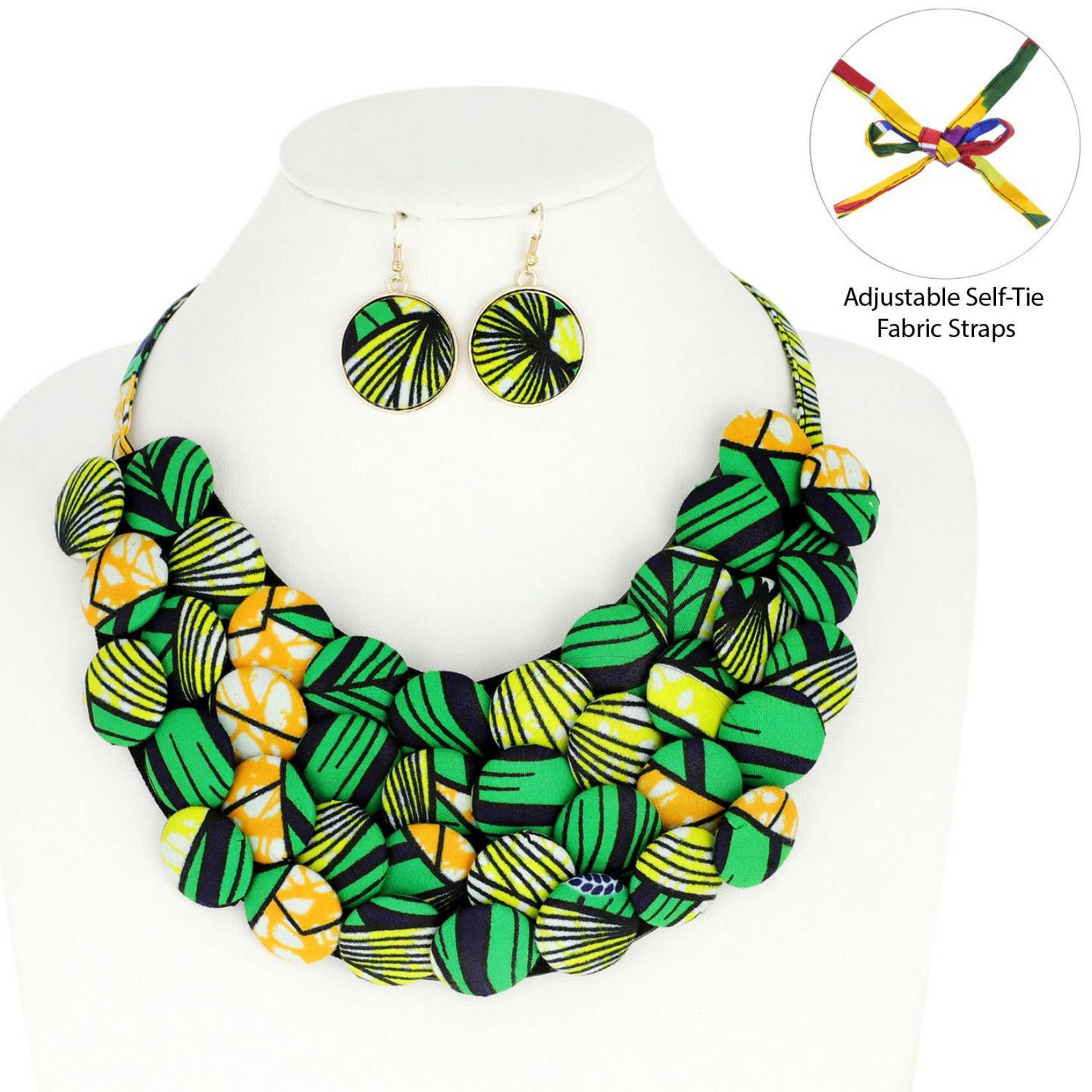 SP Sophia Collection - Wholesale Jewelry Set - African Print Fabric Button Bib Necklace & Earring Set4