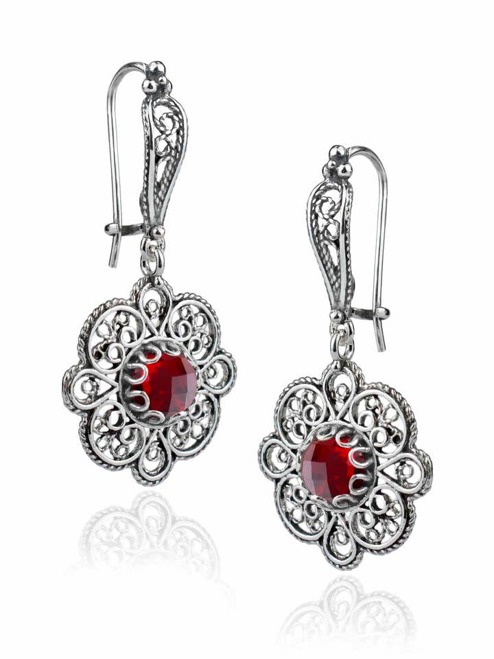 Kunst Robijn Edelsteen Vrouwen Zilveren Oorbel Hangers voor wholesale door Filigranist Jewelry
