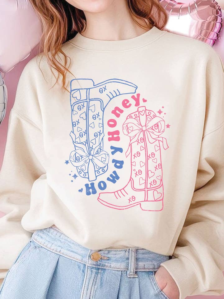 HOWDY HONEY XOXO BOW BOOTS GRAPHIC BRUSHED SWEATSHIRTS for wholesale by Rustee Clothing