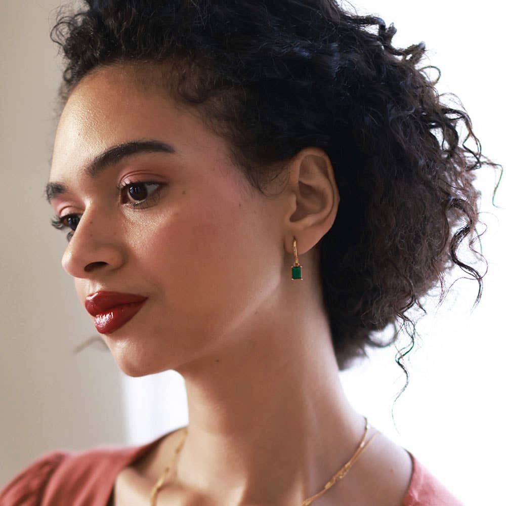 Amano Studio - Wholesale Hoop Earrings - Emerald Green Rectangle Stone Huggie Hoop Earrings4