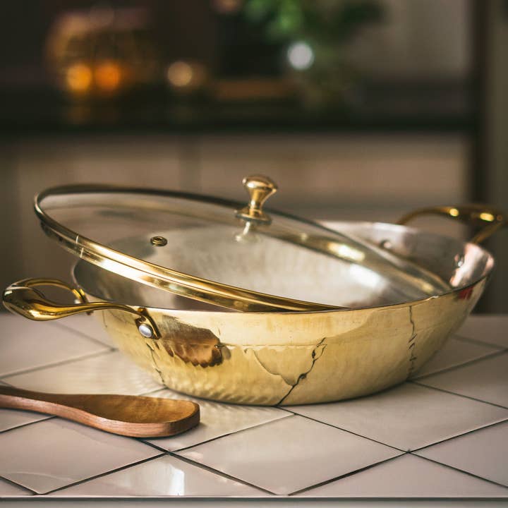 P-TAL - Wholesale Cooking Pot - Brass Flat Base Wok with Glass lid - Kadhai (Deep & flat bottom cooking/serving utensil - karahi)12