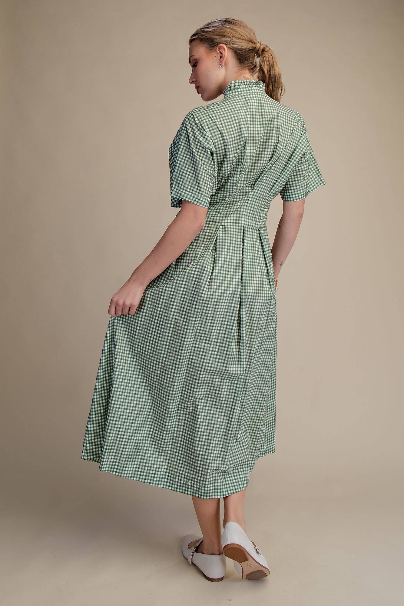 Glam - Wholesale Dress - Women's - Gingham Check Ruffle Neck Waist Pleated Midi Dress9