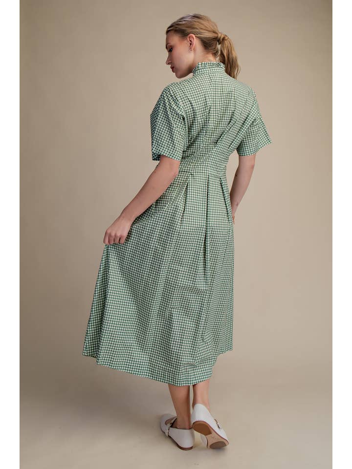 Glam - Wholesale Dress - Women's - Gingham Check Ruffle Neck Waist Pleated Midi Dress9