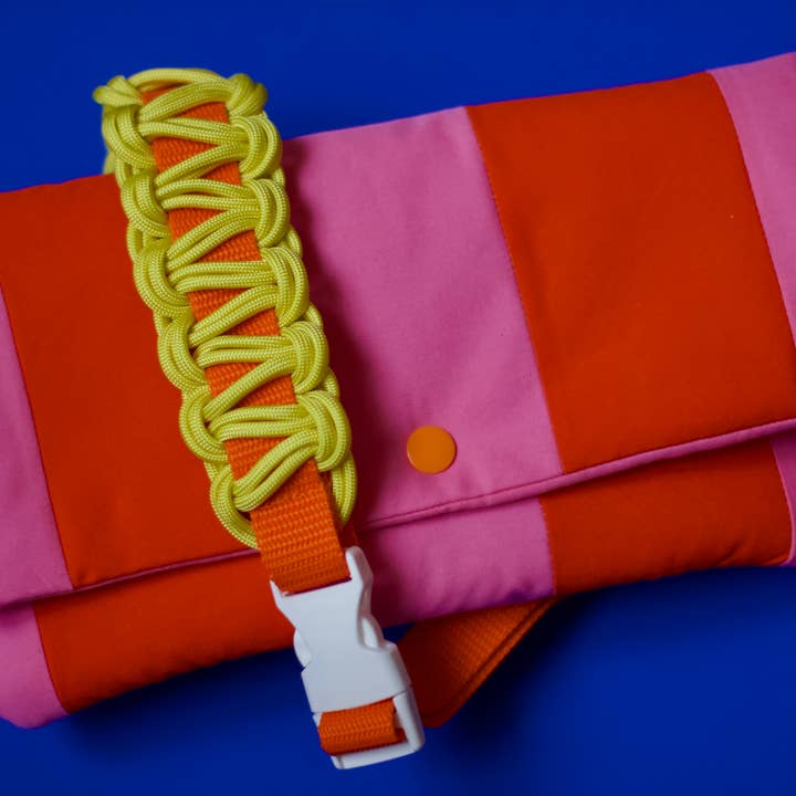 Striped puffer bag with macrame handle - Pink & Orange for wholesale by Pikto3000